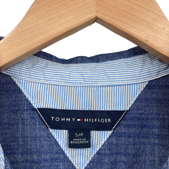 Tommy Hilfiger Shirt Women Small Blue Chambray Long Sleeve Logo Half Zip Popover - Picture 7 of 15